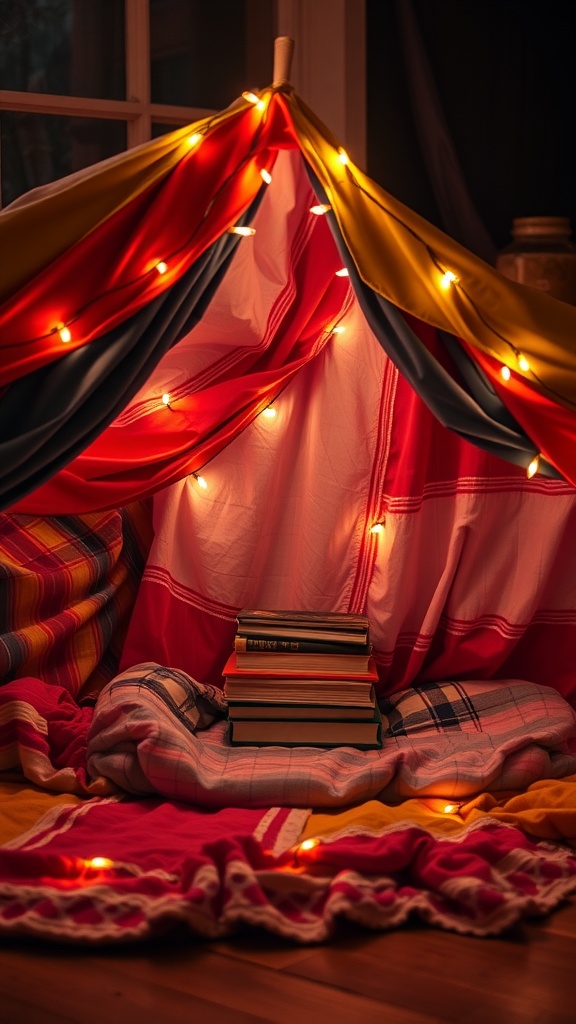 A colorful blanket fort with fairy lights, pillows, and a stack of books inside.