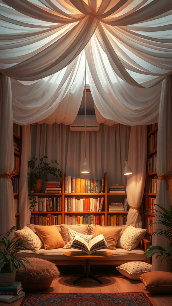 Cozy reading nook with draped fabrics and bookshelves