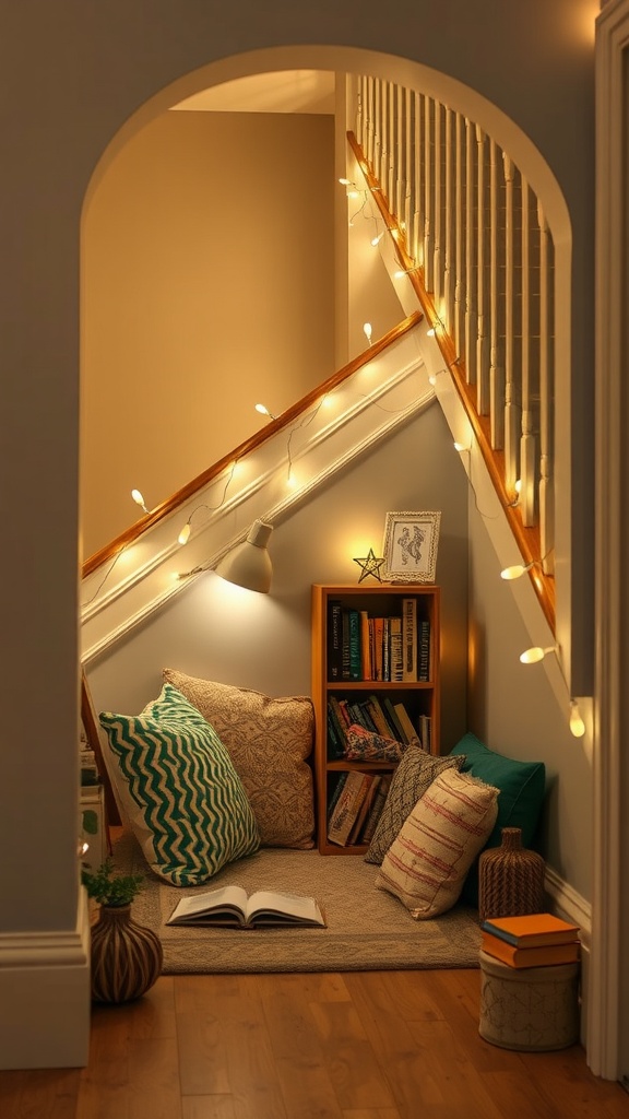 Cozy reading corner under the stairs with cushions and a bookshelf