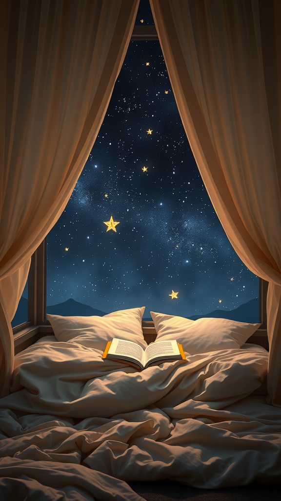 A cozy reading nook with a bed, fluffy pillows, and an open book under a starry night sky.