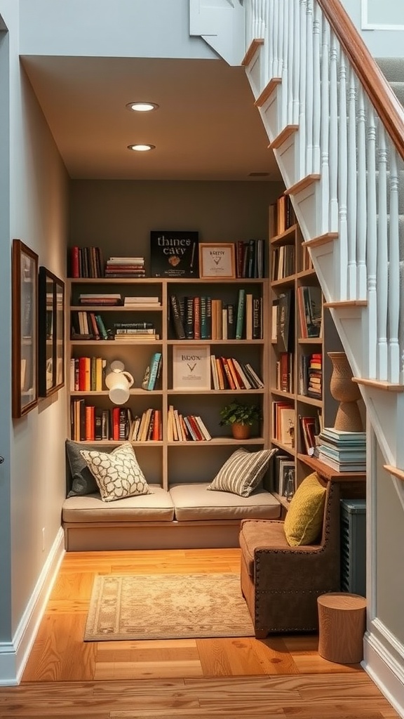 Cozy reading nook under the stairs with bookshelves and seating.