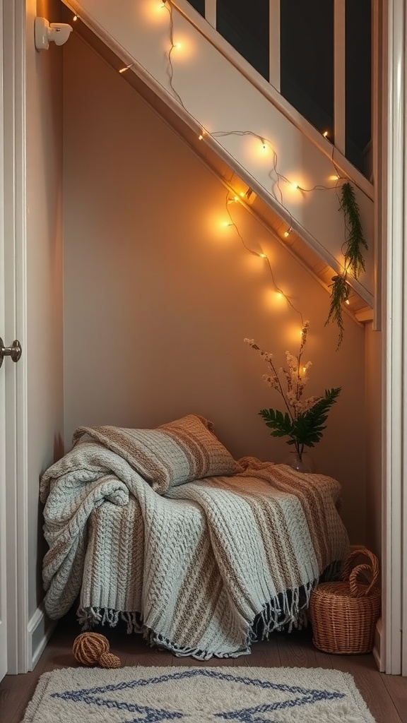 Cozy reading nook under the stairs with fairy lights, blankets, and a small plant