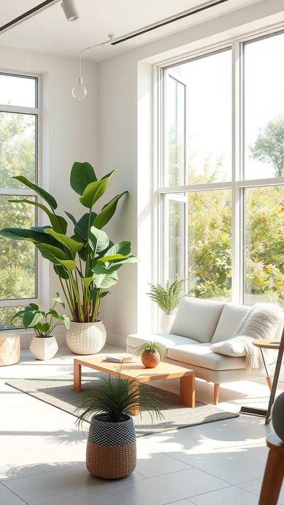 Bright room with large windows, plants, and natural light.