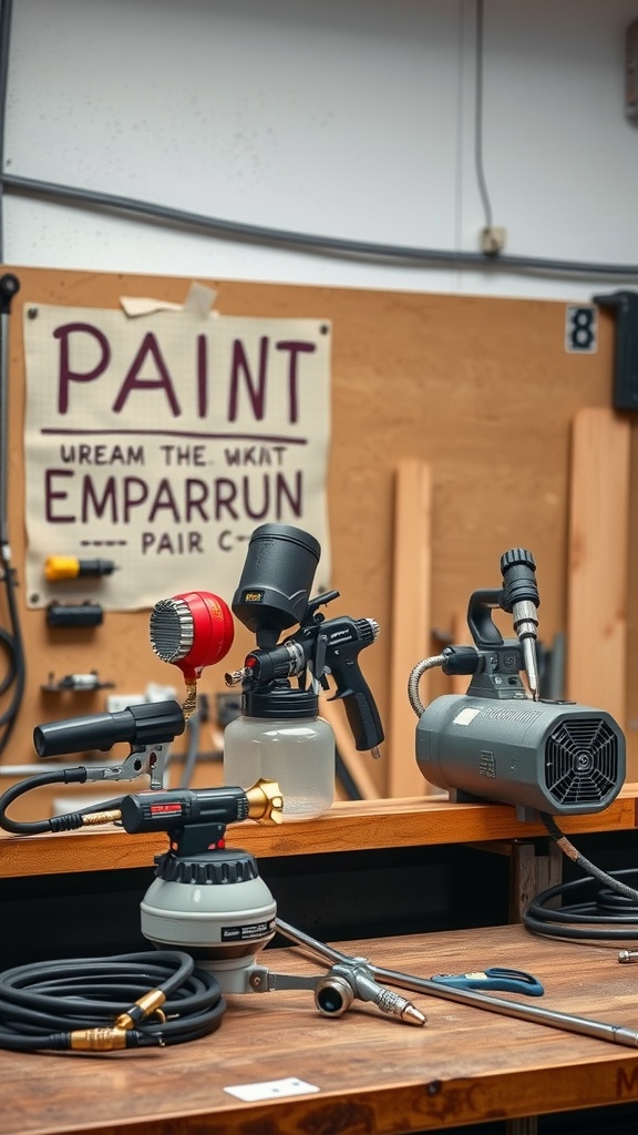 Different types of paint sprayers on a workbench, showcasing various models