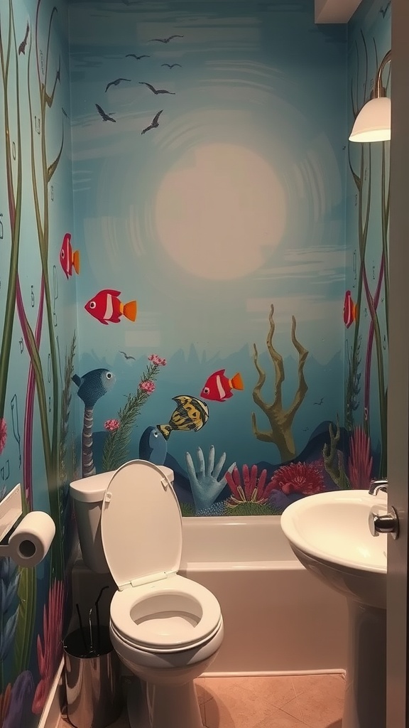 A bathroom featuring a vibrant underwater scene mural with colorful fish and corals.