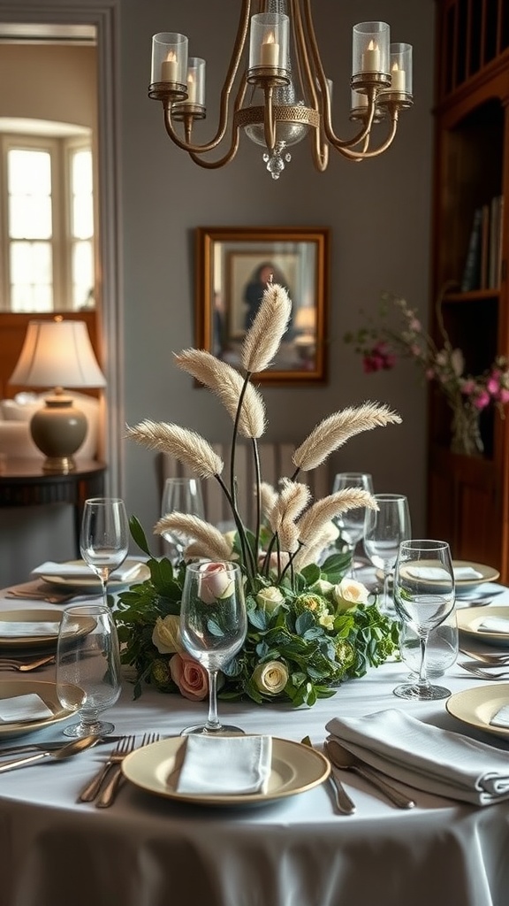 A beautifully arranged dining table with a floral centerpiece featuring pampas grass and pastel roses.