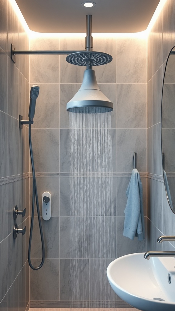 Modern gray showerhead in a stylish bathroom with gray tiles and soft lighting.