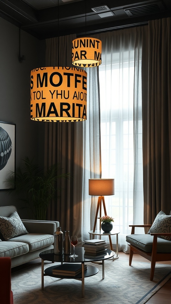 A stylish living room featuring unique hanging lampshades with bold typography and a cozy atmosphere.