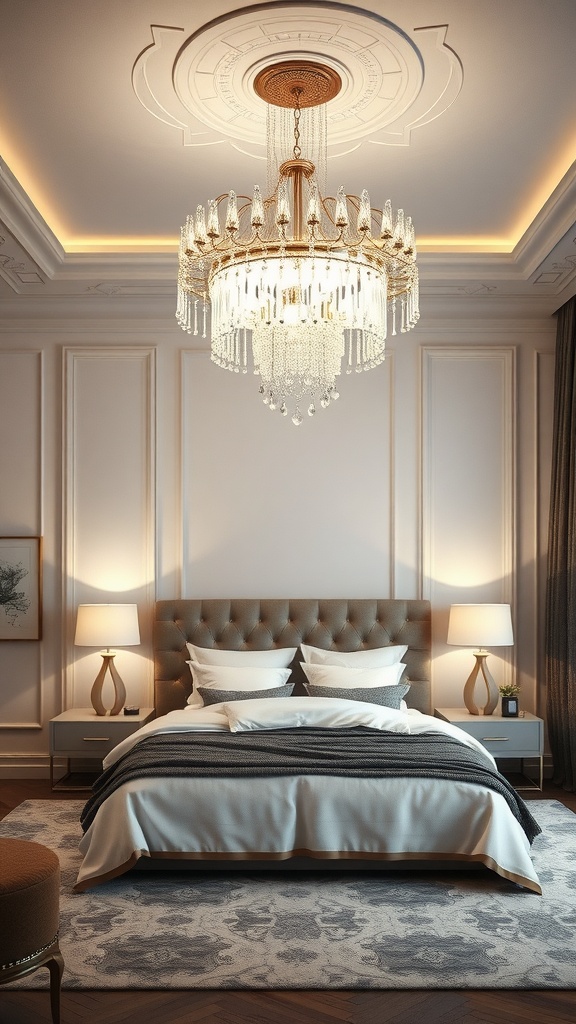 A beautifully designed LED chandelier hanging above a stylish bedroom with a cozy bed and soft lighting.