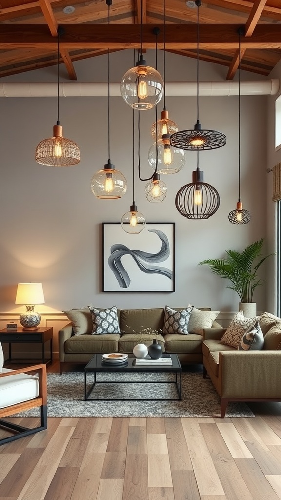 A living room with various unique pendant light fixtures hanging from the ceiling, featuring a cozy seating area with a couch and coffee table.