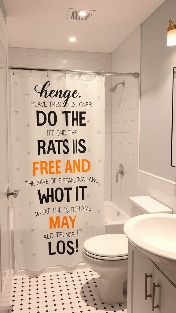 Unique shower curtain with playful text design in a modern bathroom