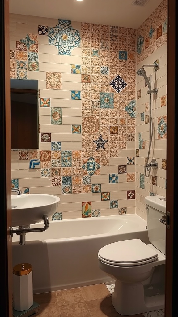 A bathroom with a colorful tiled wall featuring unique patterns and designs.