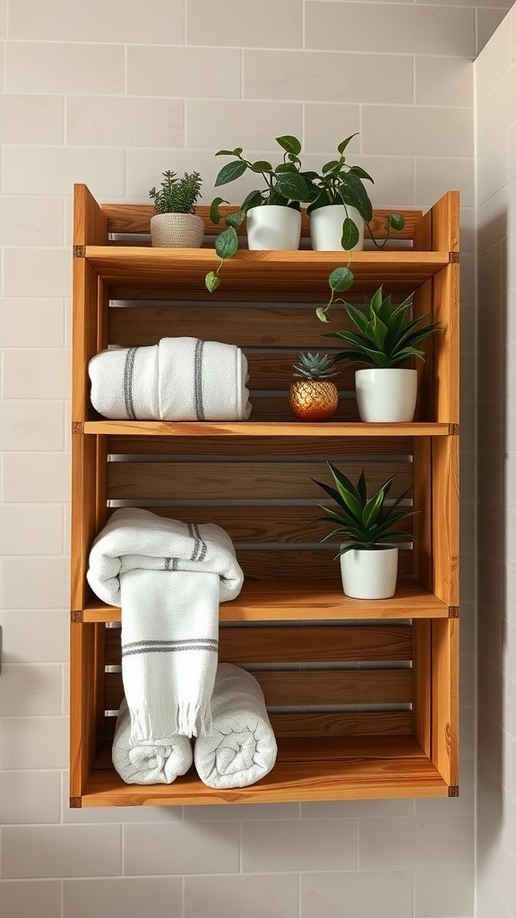 Wooden crate shelving with towels and plants in a bathroom