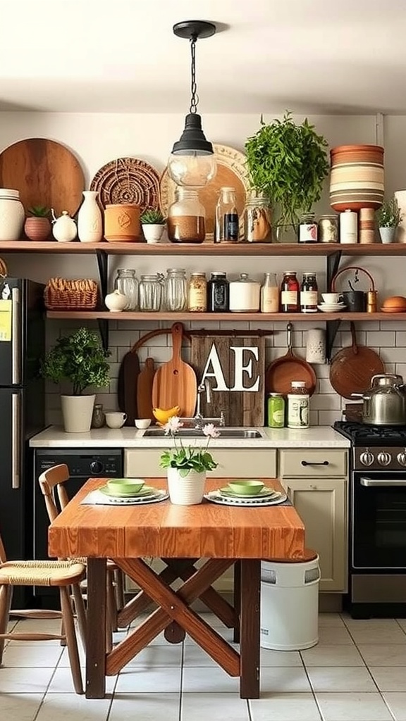 Cozy kitchen with upcycled decor elements, featuring wooden shelves, jars, plants, and a rustic dining table.
