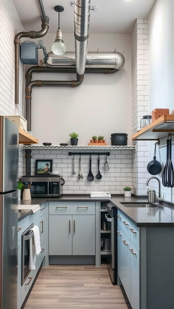 A small kitchen featuring exposed pipes, light blue cabinets, and modern appliances.