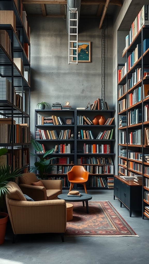 An urban industrial library featuring tall metal bookshelves, cozy seating, and a stylish rug.