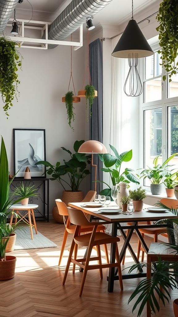 Cozy living room dining room combo with plants and warm wood accents