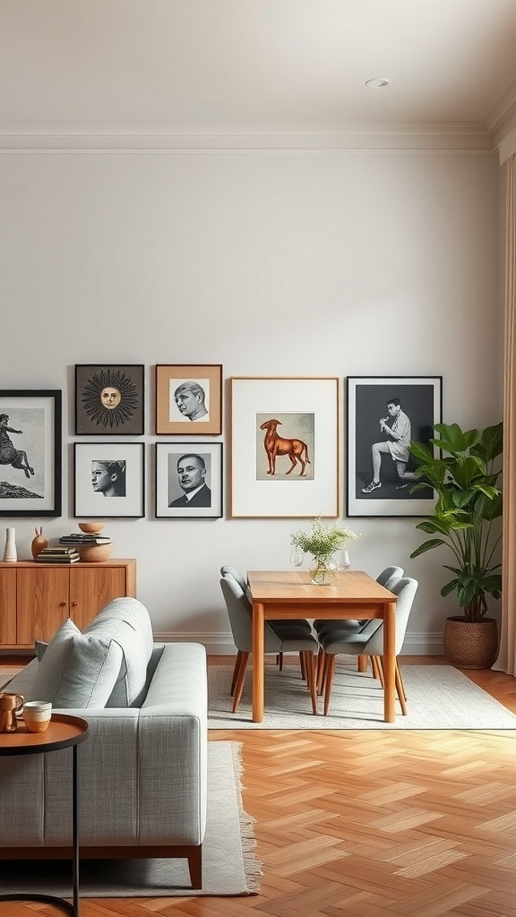 A living room and dining room combo with a gallery wall of framed artwork, showcasing a mix of styles and colors.