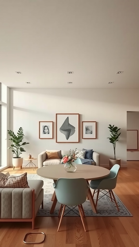 A stylish living room and dining room combo with neutral tones and light blue chairs.