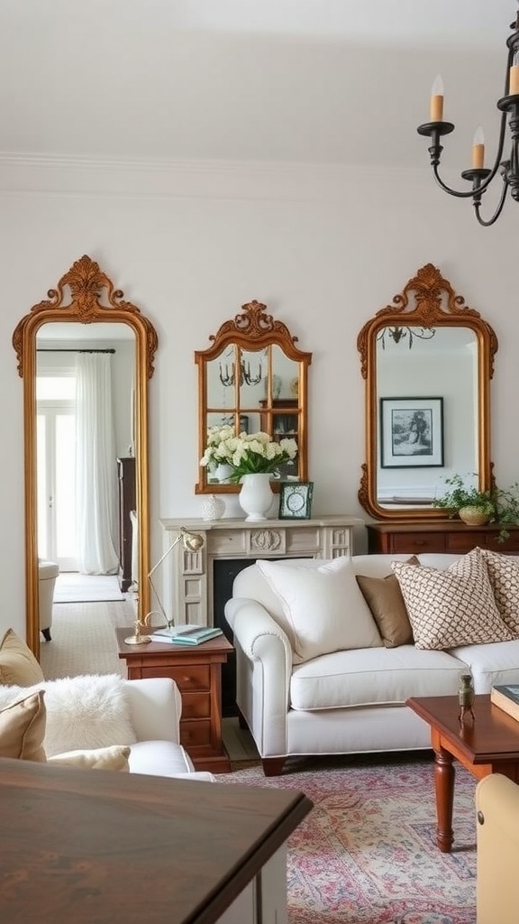 Cozy farmhouse living room with antique mirrors on the wall