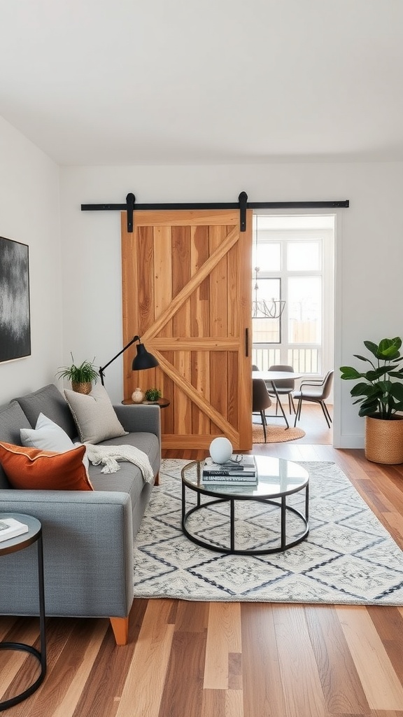 Cozy living room featuring a barn door, gray sofa, and wooden floors