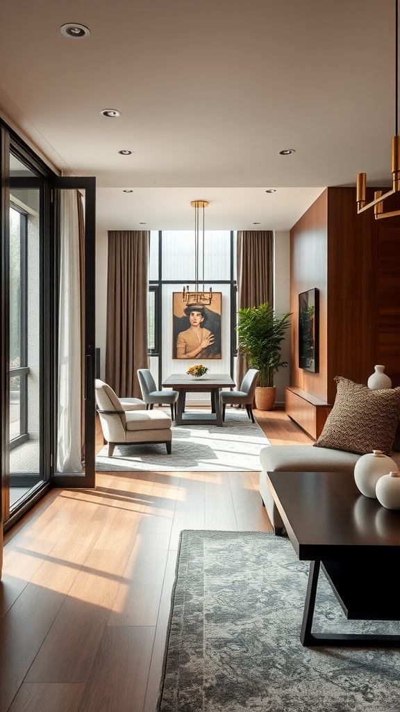 A modern living room and dining room combo featuring sliding doors that open to a patio, natural light, and contemporary furniture.