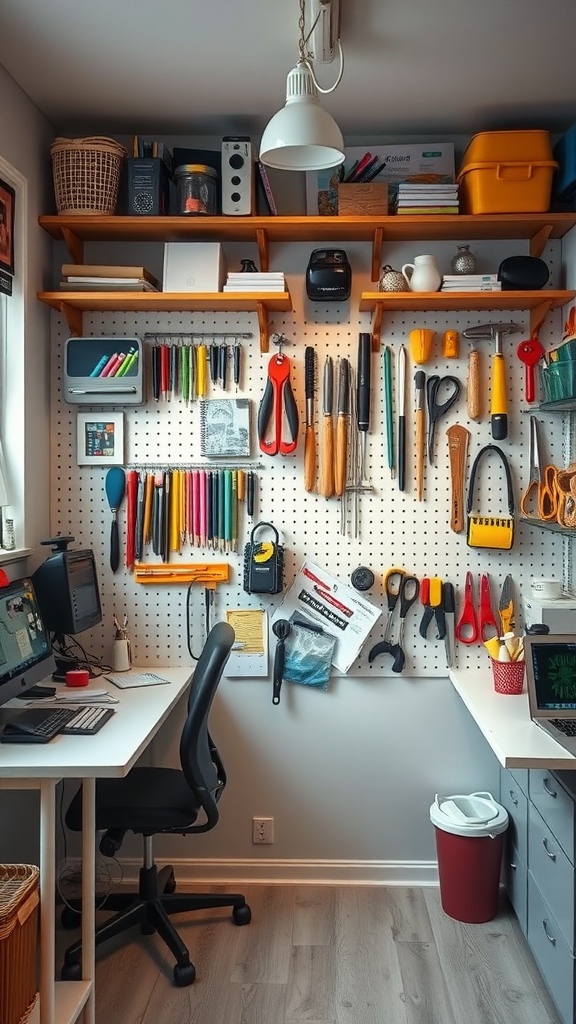 Pegboard filled with organizational tools in a small home office