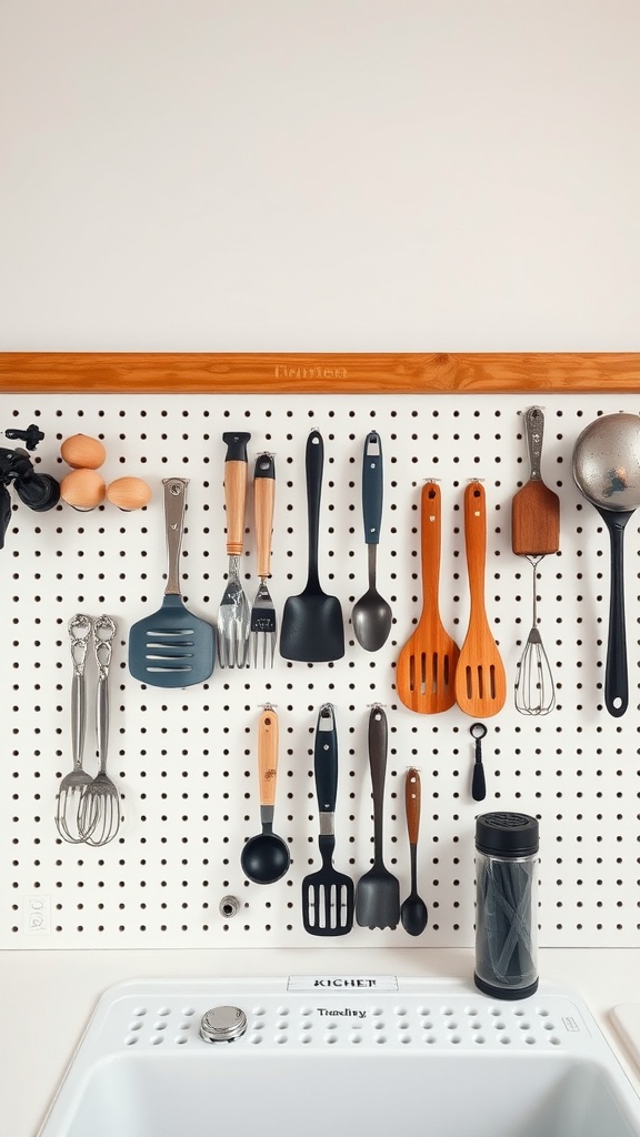 A pegboard in a kitchen with various cooking utensils organized neatly, showcasing a practical way to save space.