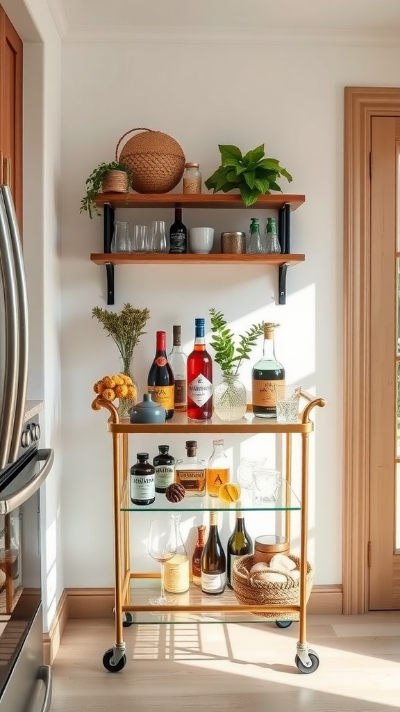 A stylish bar cart with various bottles and glassware, placed next to a wall with shelves.