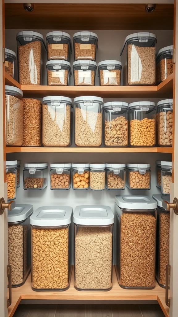 Organized pantry with clear containers filled with various dry goods, showcasing labels for easy identification.