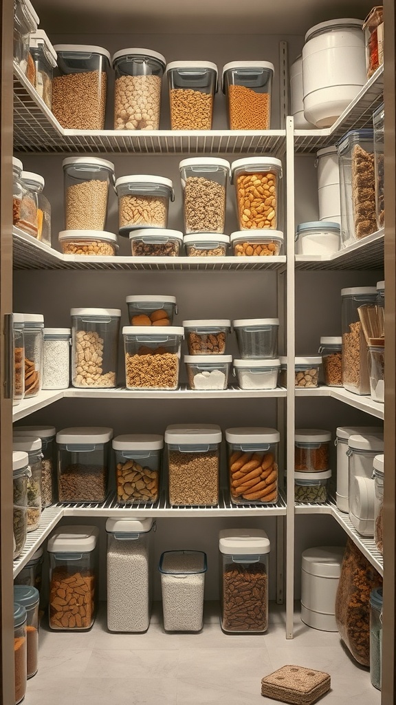 Neatly organized pantry with clear containers filled with various food items.