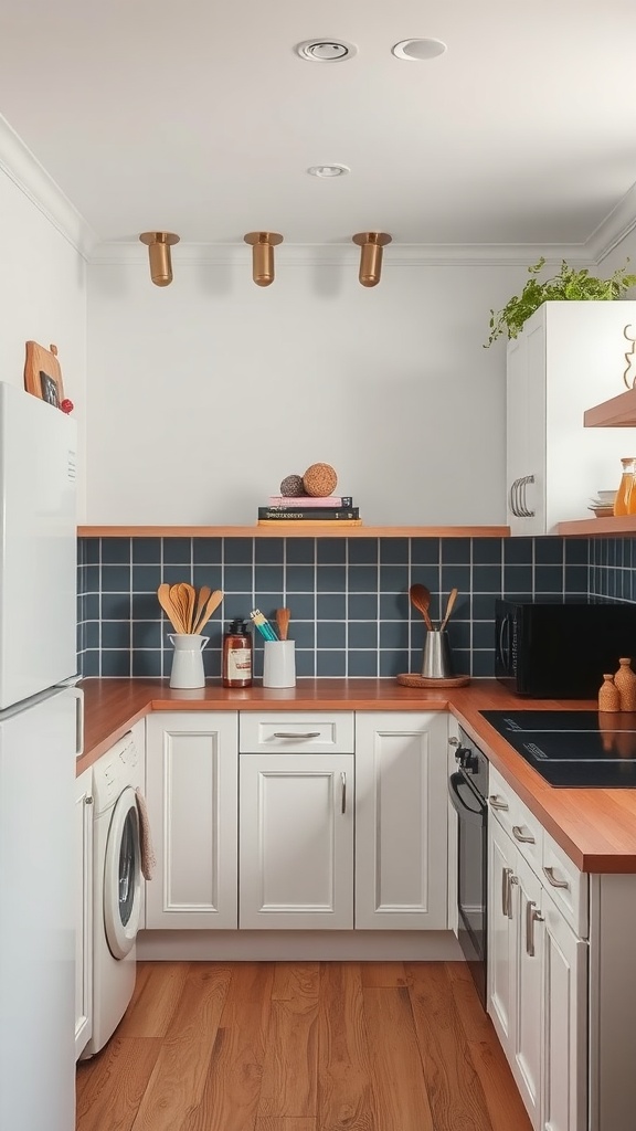 A small kitchen featuring white cabinets, a dark blue backsplash, and wooden countertops.