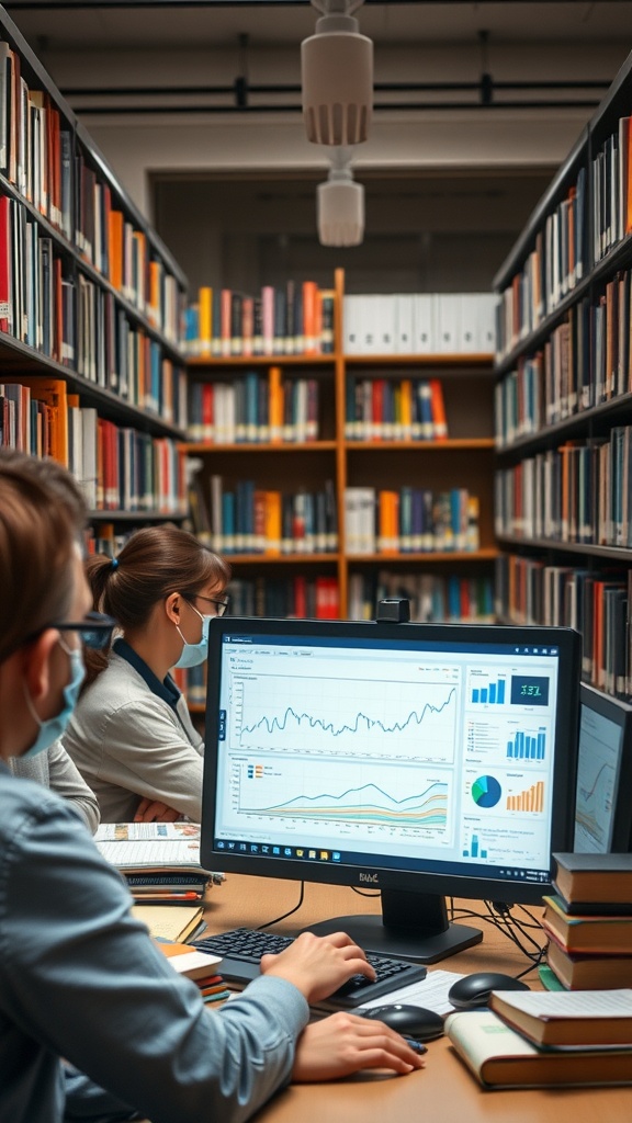 Two people using a computer in a library, analyzing data for collection management.