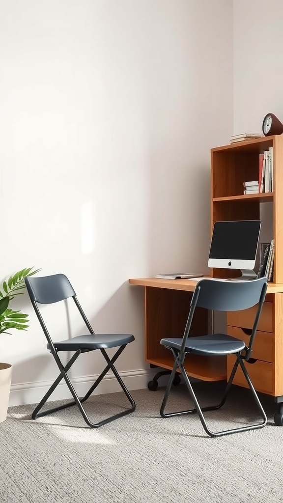 A small home office featuring a desk, a computer, and two folding chairs.