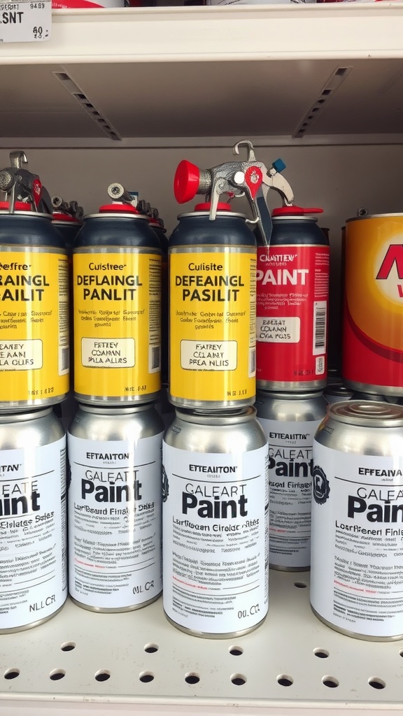 Various paint cans on a shelf, showing different types of paint for spray applications.