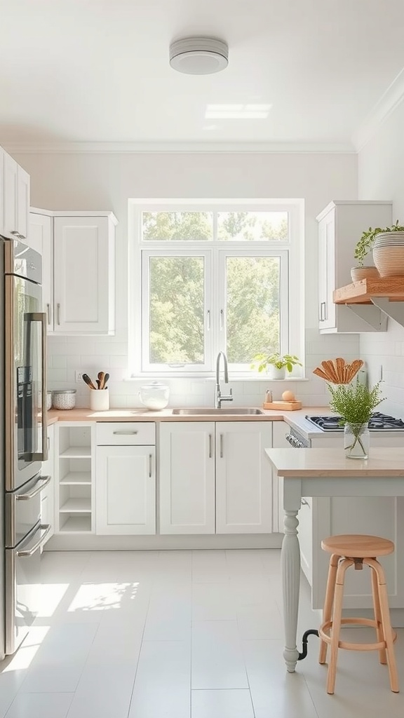 A bright and airy small kitchen with white cabinets, a wooden countertop, and a window letting in natural light.