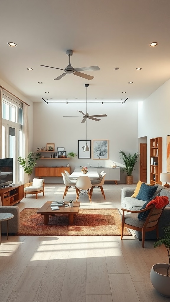 A well-lit open space showing a living room and dining area with modern furniture and natural light.