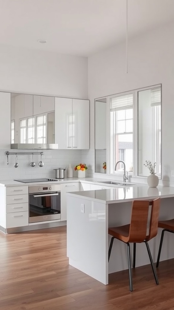 Modern U-shaped kitchen featuring mirrors that create an open feel
