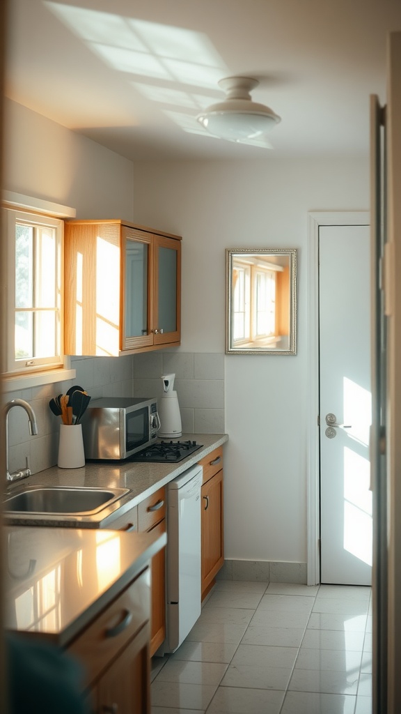 A small kitchen with wooden cabinets and a mirror reflecting light