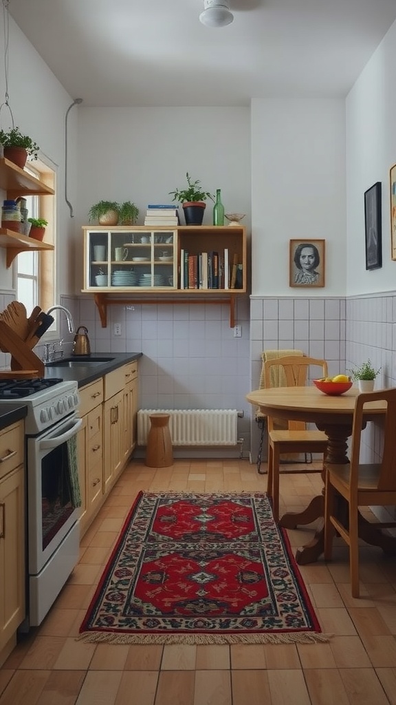 A small kitchen with a vibrant rug, wooden cabinets, and a cozy dining area.