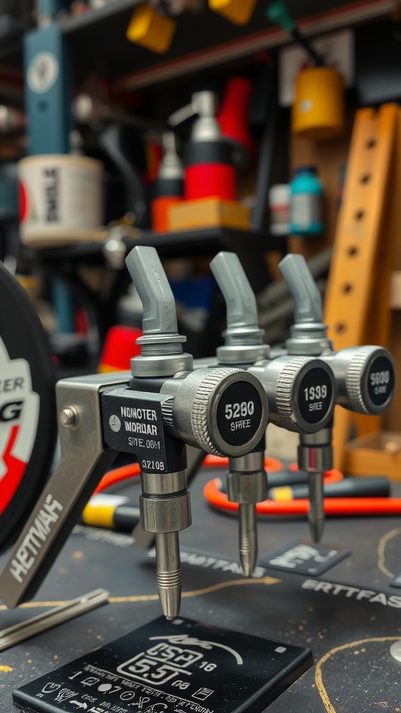 A collection of paint sprayer nozzles on a workbench, showcasing different sizes and designs.