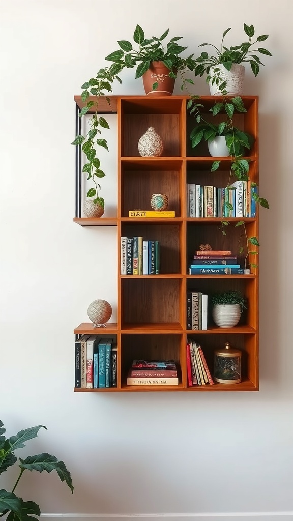 A stylish wall-mounted bookshelf with books and plants.