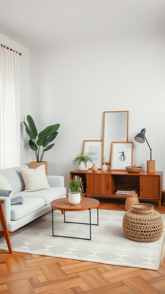 A cozy living room featuring a blue couch, wooden coffee table, and plants, showcasing functional decor.