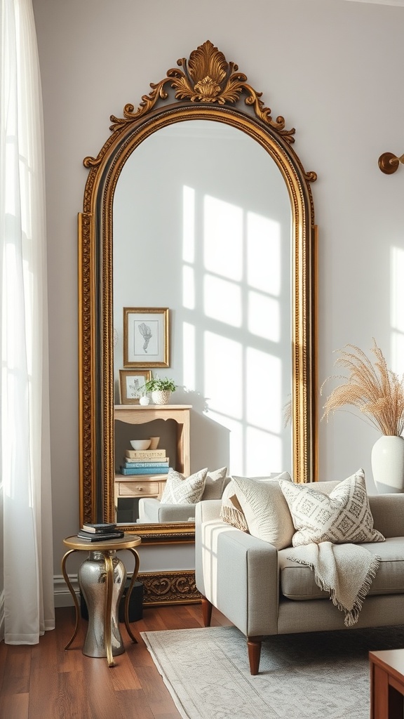 A stylish living room with a large ornate mirror reflecting light and decor, enhancing the room's depth and elegance.