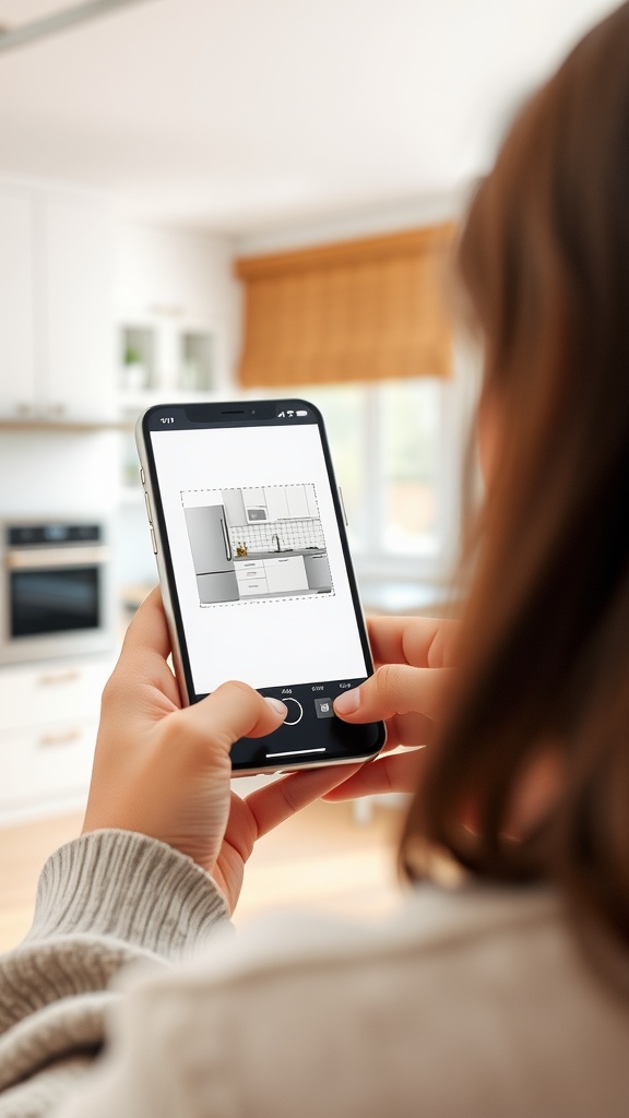 Person using a kitchen design app on a smartphone, showing a layout of a kitchen.