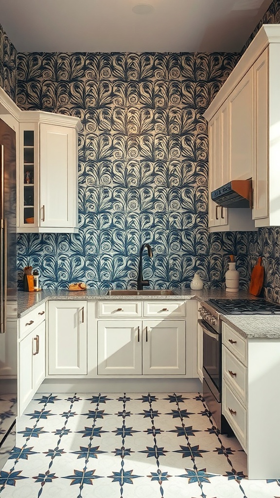 A stylish U-shaped kitchen featuring intricate blue wallpaper and patterned white and blue tiles.