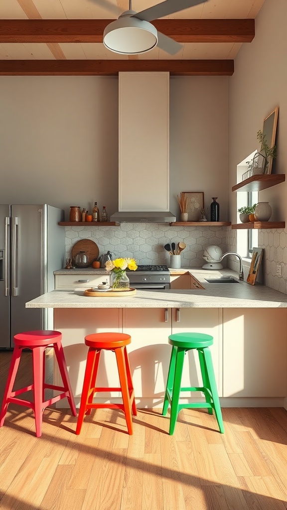 A U-shaped kitchen featuring colorful stools in red, orange, and green, with natural light illuminating the space.