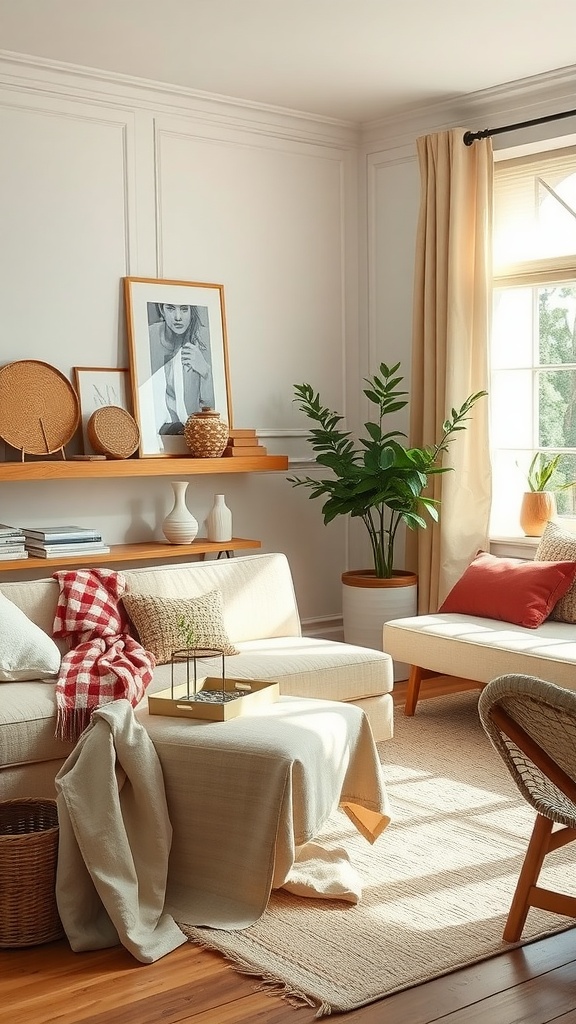 Cozy farmhouse living room with soft fabrics, a mix of textures, and natural elements.