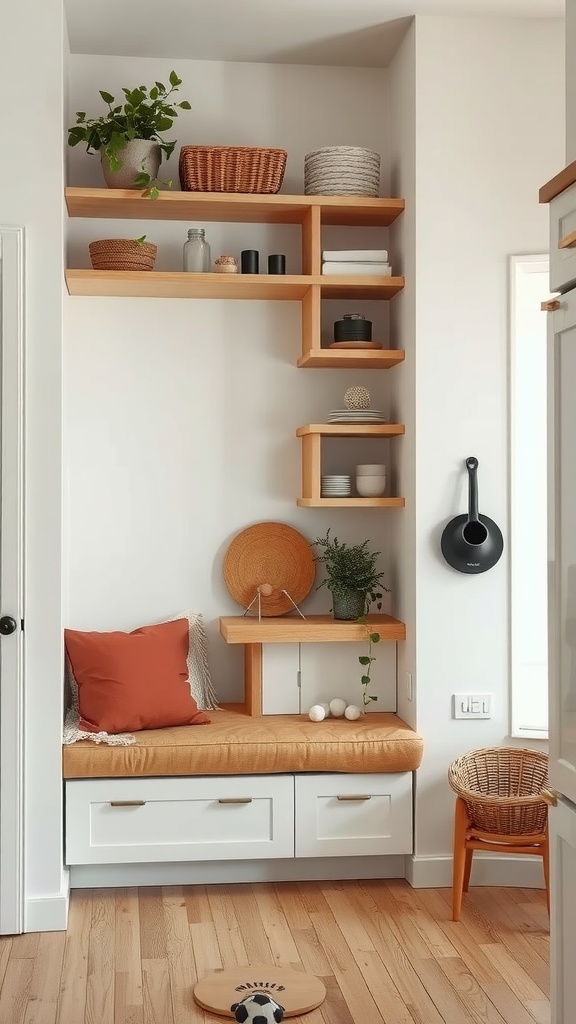 Cozy corner kitchen space with built-in seating and open shelves