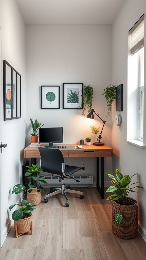 Cozy corner home office with plants, a wooden desk, and wall art